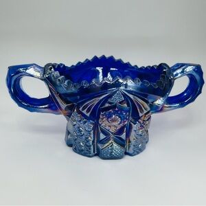 Vintage Imperial Glass Sugar Jar Nucut Cobalt Blue Glass With Handles